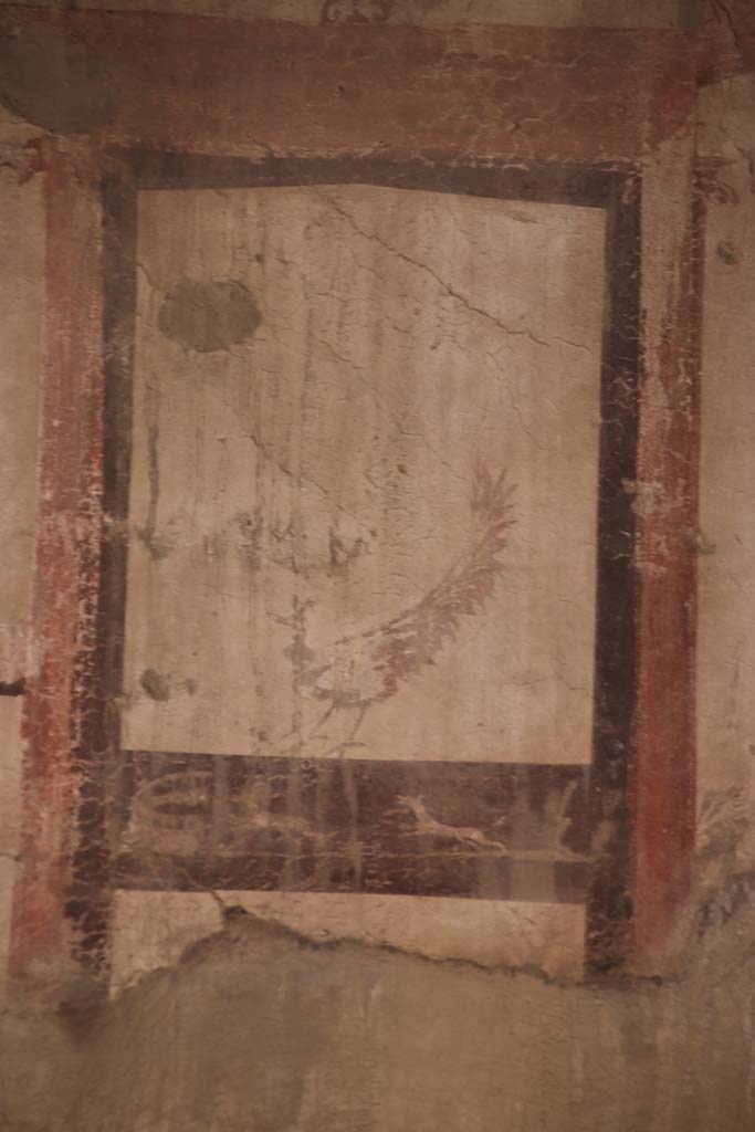 IV.11, Herculaneum, September 2021.
Detail of painting from centre of east wall of triclinium/oecus. Photo courtesy of Klaus Heese.